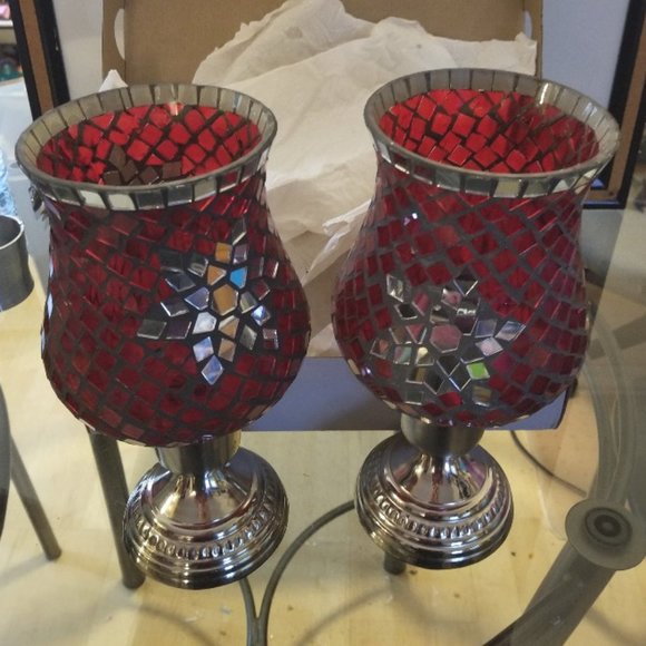 Vintage unique Pair burgundy Mosaic standing glass large candle holders - Picture 1 of 10